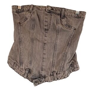 Zara Denim Corset Top XS Vintage acid wash Smocked Back Zip Y2K